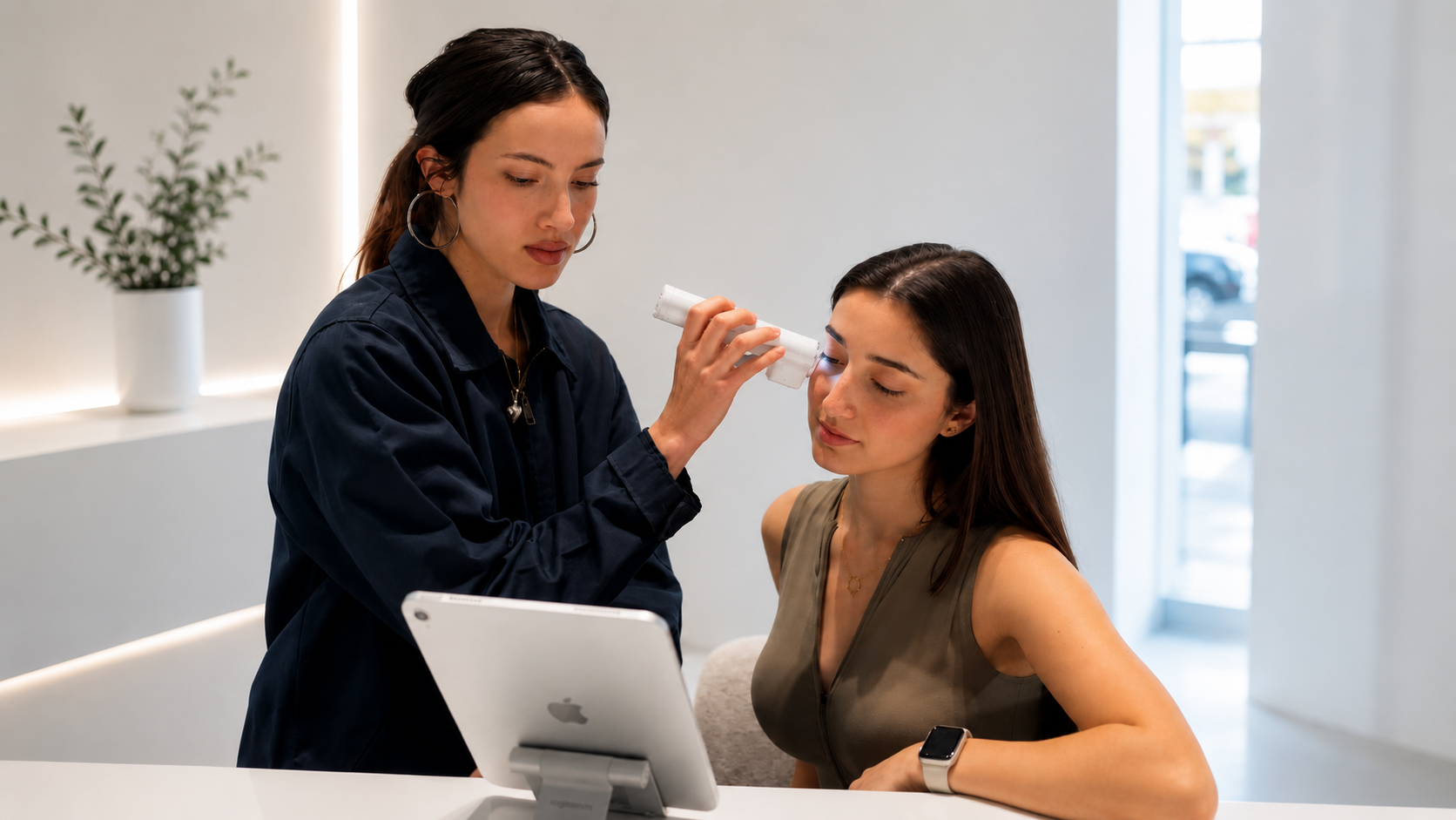 SmartSKN provider holding the Muilli skin analyzer to a client's cheek during a skin analysis