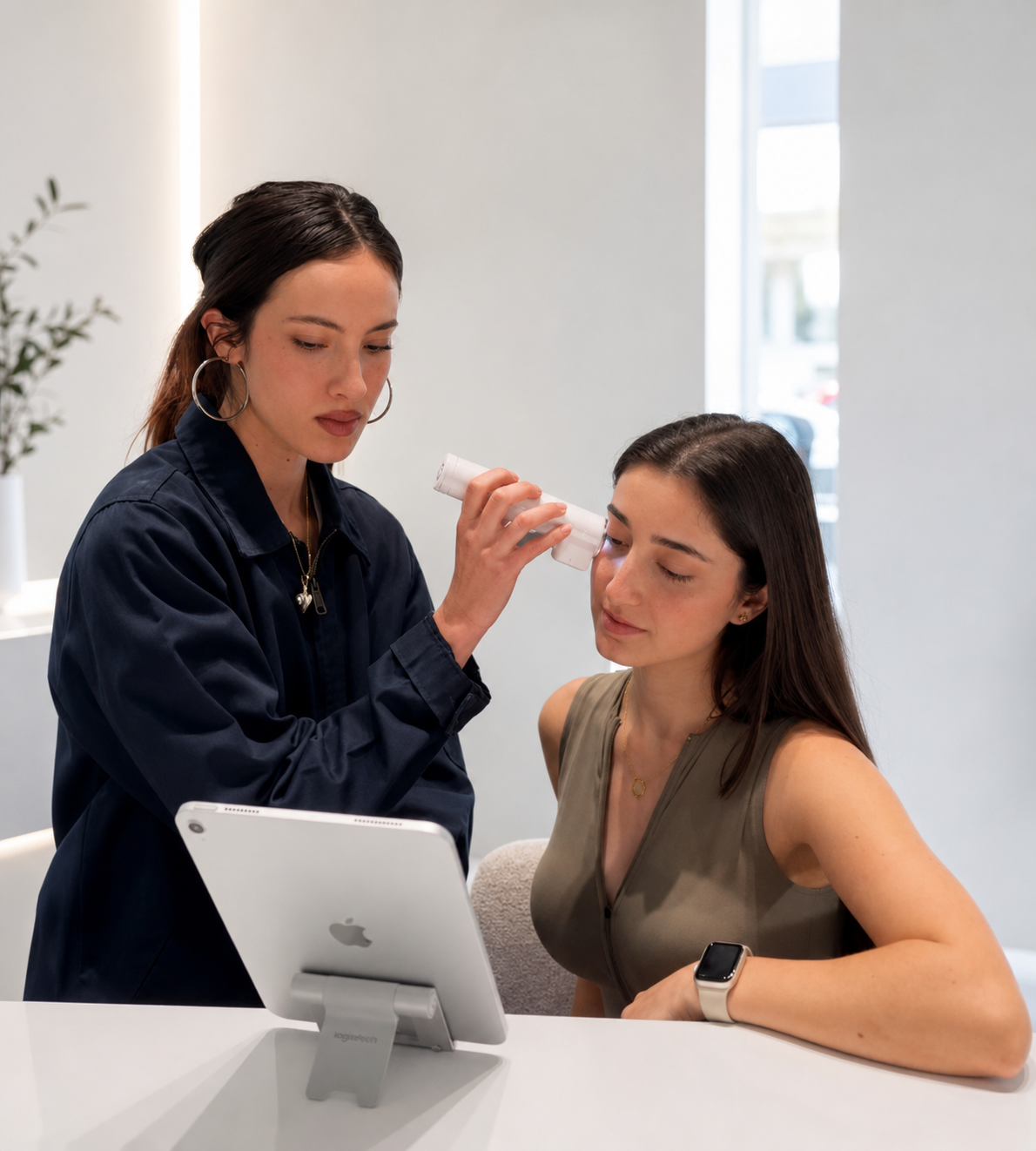 A provider at Bare Complexion Studio using Muilli to scan a client's face
