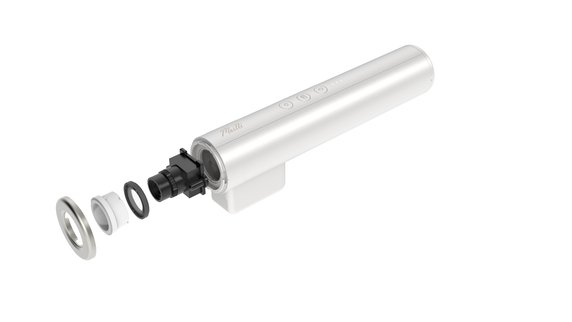 Exploded view of the Muilli AI Dermascope showing the lens, sensor, and body components