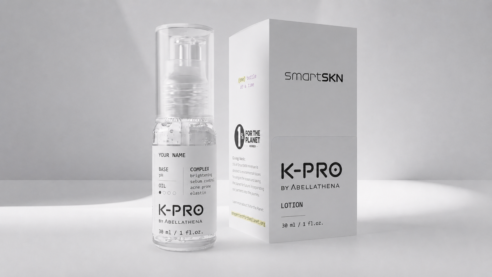 Co-branded K-PRO serum bottle and smartSKN carton featuring a partner practice's name on the label