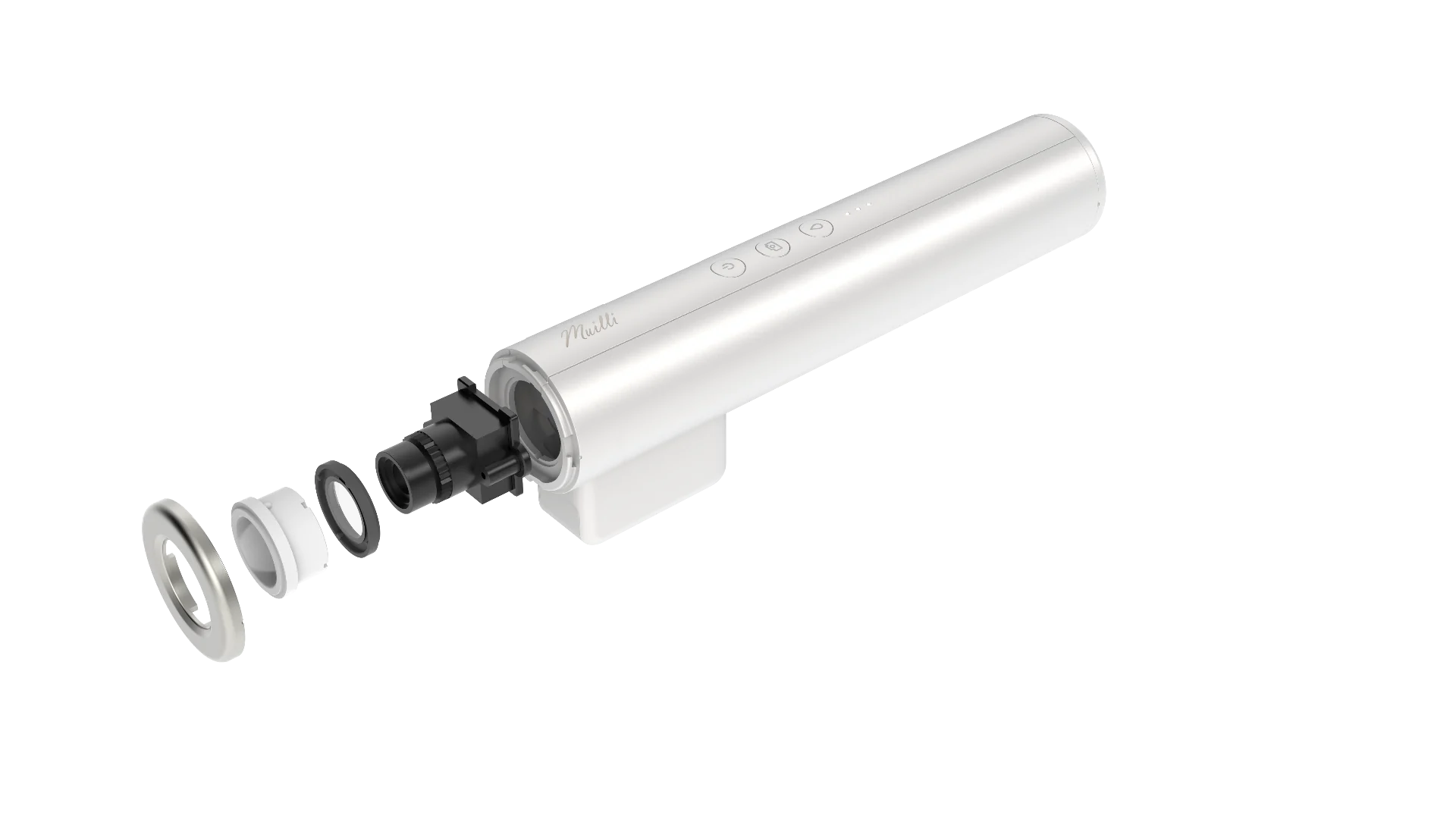 Exploded view of the Muilli AI Dermascope showing the lens, sensor, and body components